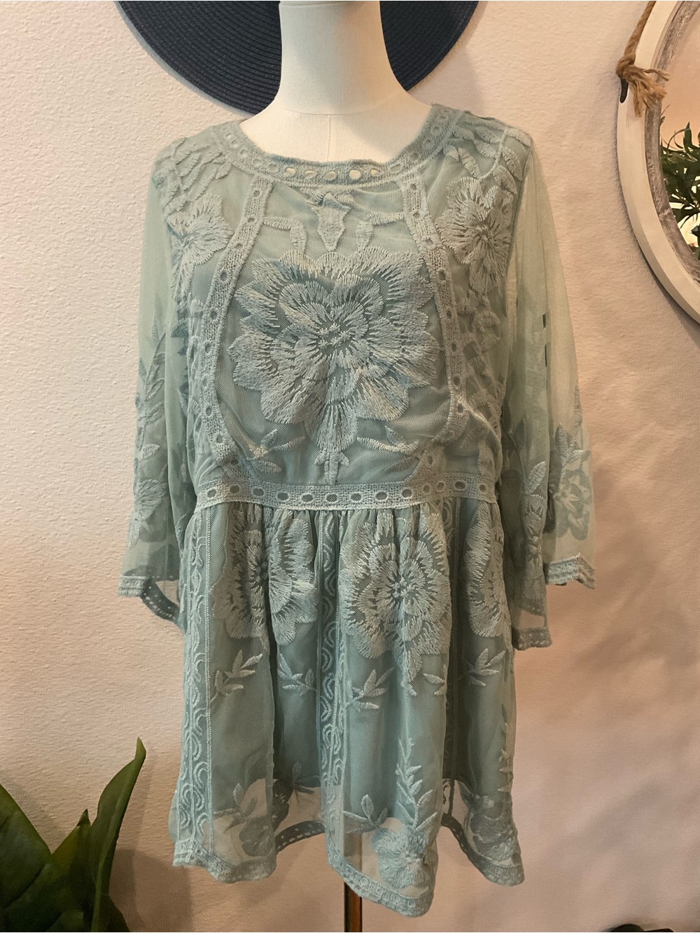 Embroidered Floral Sheer Tunic Top in Light Sage, 3/4 length sheer sleeves